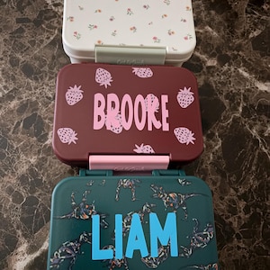 May include: Three rectangular plastic lunch boxes stacked vertically. The top box is white with a small floral pattern and a light green latch. The middle box is maroon with pink strawberry graphics and the name BROOKE. The bottom box is dark green with dinosaur graphics and the name LIAM.