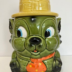 Vintage 1960s cerámica verde Kitty Cookie Jar - Hecho en Japón