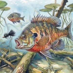 Könnte beinhalten: Aquarellmalerei von Fischen unter Wasser. Drei Fische sind zu sehen, der größte im Vordergrund mit offenem Maul. Eine schwarze Fliegenfisch-Köder befindet sich vor dem Fisch. Der Hintergrund zeigt Wasserpflanzen und Seerosen.