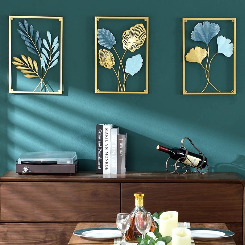 Set of 3 Gold Leaf Metal Wall Art Leaf Wall Decor Living Etsy