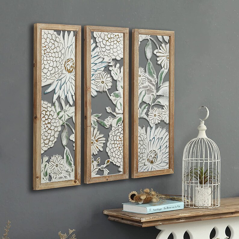 Set of 3 Carved Wood Wall Art Decor Wood Panel Wall Art Etsy