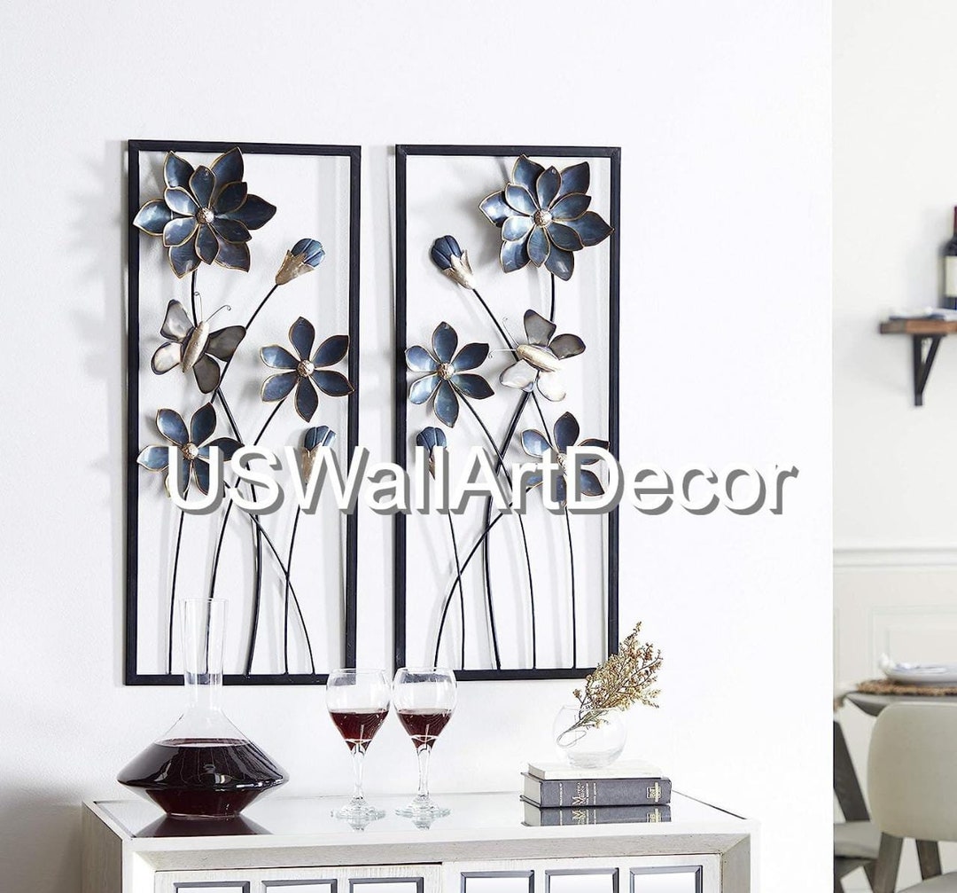 Set of 2 Classic Metal Floral Wall Decor With Black Frame Etsy