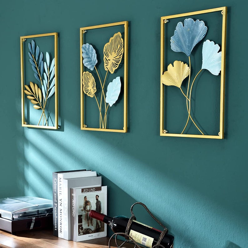 Set of 3 Gold Leaf Metal Wall Art Leaf Wall Decor Living Etsy
