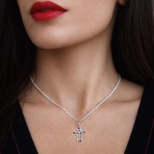 Vintage Eastern Orthodox Cross Pendant Sterling Silver 925: Russian Women Jewelry with Ruby Stones