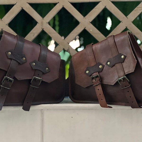 Leather Motorcycle Bag Brown Saddle Bag Pannier Bicycle Bag Bike Bag Pair Barrel Bag Motorcycle Fork Tool Side Bags