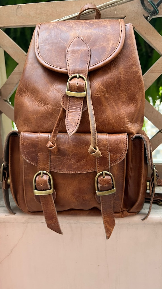 brown leather backpack zara For Men | 16