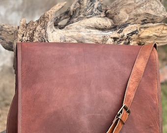 Personalized Leather Briefcase for Men, 18&quot; Travel Leather Briefcase Laptop Bag, Satchel Leather Messenger Bag, Crossbody Bag