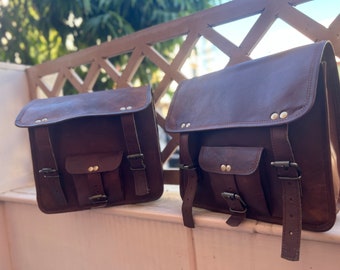 Handmade Leather Motorcycle Saddle Bag Set: Brown Pannier Barrel Bags