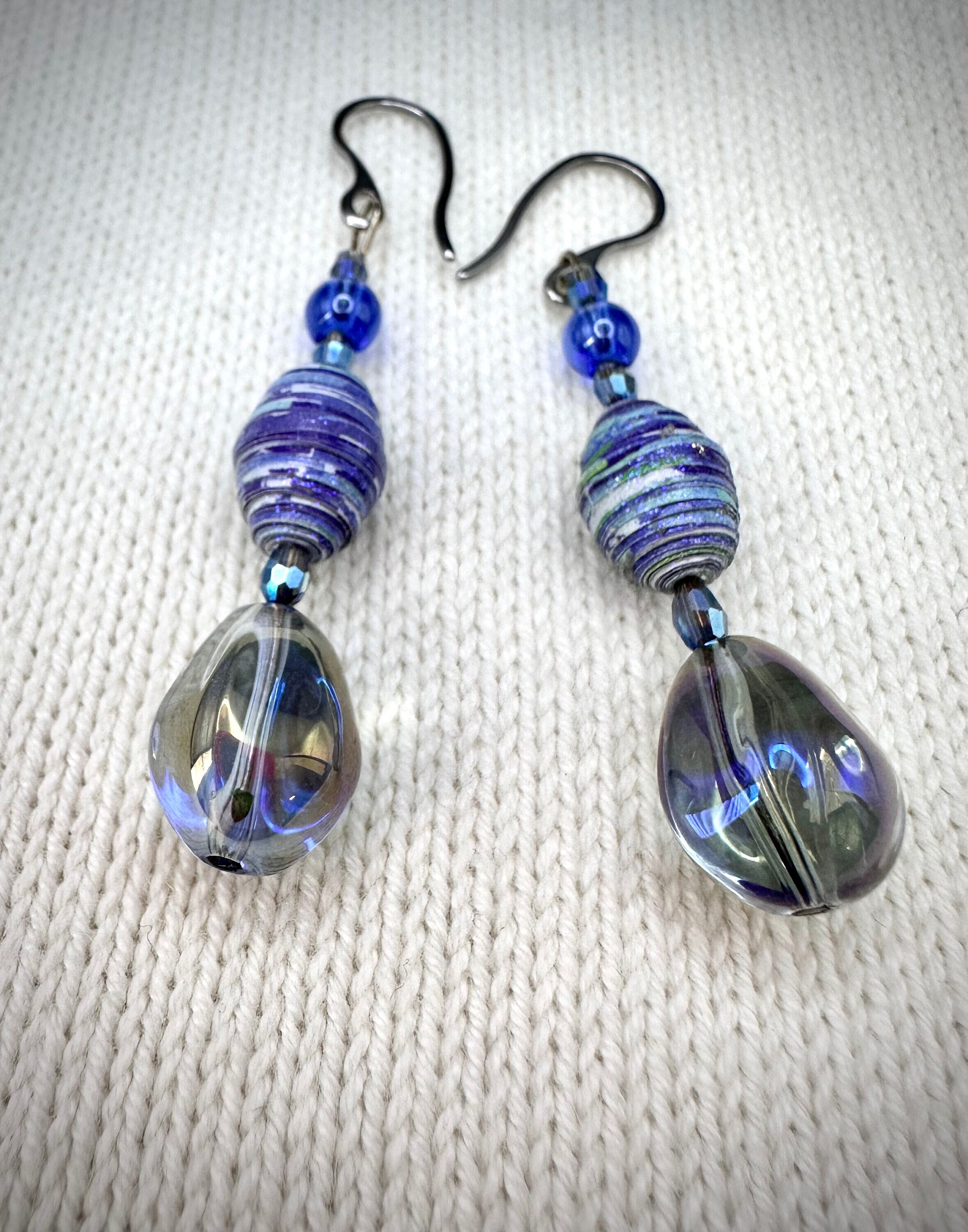 Handcrafted Blue Bead and Teardrop Earrings | Irridescent Lantern Glass | Rolled Paper Beads | Boho Chic | Summer Accessories | Unique Gift