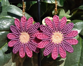 Macramé earrings, Aster earrings, Dangling earrings, Colorful earrings, Boho costume jewelry