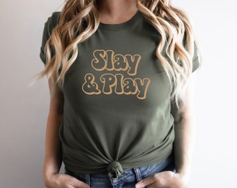 Slay and Play Retro T-Shirt Design, Lady Boss Apparel, Mom Boss Shirt, Gifts for Mom, Biz Bestie Gifts, Small Business Owner Shirt, Trendy