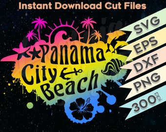 May include: A colorful digital design featuring the words "Panama City Beach" with beach-themed graphics like palm trees, a sun, and an anchor. The design includes file formats: SVG, EPS, DXF, and PNG.