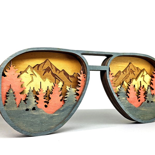 Glasses/Mountain SVG, Laser Cut 3D, 7 Layer Wooden Sunglasses