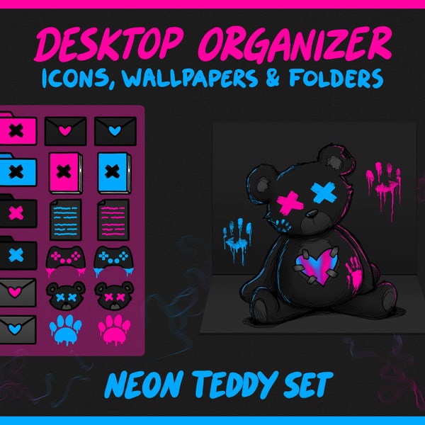 Neon Teddy Dark Theme Custom Night Darkmode Folders Icons Wallpaper Set Desktop Background Organizer