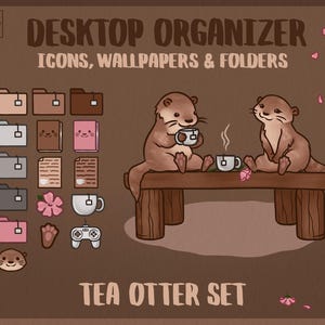 Puede incluir: Un conjunto de iconos digitales de organizador de escritorio con dos nutrias de dibujos animados tomando el té en una mesa. Los iconos incluyen carpetas, documentos, un mando de juego y una huella de pata. El texto "DESKTOP ORGANIZER ICONS, WALLPAPERS & FOLDERS" y "TEA OTTER SET" también están incluidos.