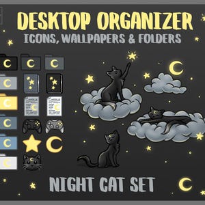 Dark Cat Night Star Theme Custom Darkmode Folders Icons Wallpaper Set Desktop Background Organizer