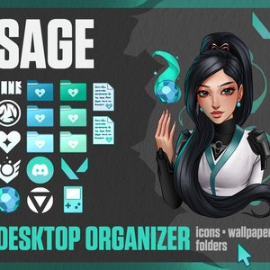 May include: Digital desktop organizer featuring the character Sage from Valorant. The design includes icons, wallpapers, and folders in shades of teal and white. The word "SAGE" is at the top, with "DESKTOP ORGANIZER" at the bottom. A stylized illustration of Sage is on the right.