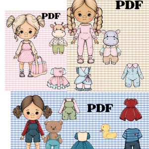 Lalka papierowa do druku z ubrankami i pluszem - Natychmiastowe pobranie pliku PDF, lalka papierowa do przebierania, lalka w stylu vintage, szablon dziewczyny z mody.