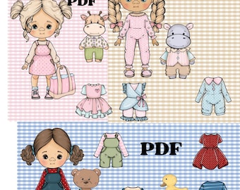 Druckbare Papierpuppe mit Kleidung und Plüsch - Sofortiger Download, PDF-Datei, Anziehpuppe, Vintage-Stil Puppe, Mode Mädchen Vorlage.