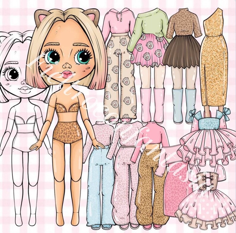 K&ouml;nnte beinhalten: Eine digitale Illustration einer Papierpuppe mit verschiedenen Outfits. Die Puppe hat blondes Haar, Katzenohren und tr&auml;gt einen Leoparden-Bikini. Zu den Outfits geh&ouml;ren ein rosa Hoodie und eine Hose, ein gr&uuml;nes Oberteil und ein rosa Rock sowie ein goldenes Paillettenkleid.