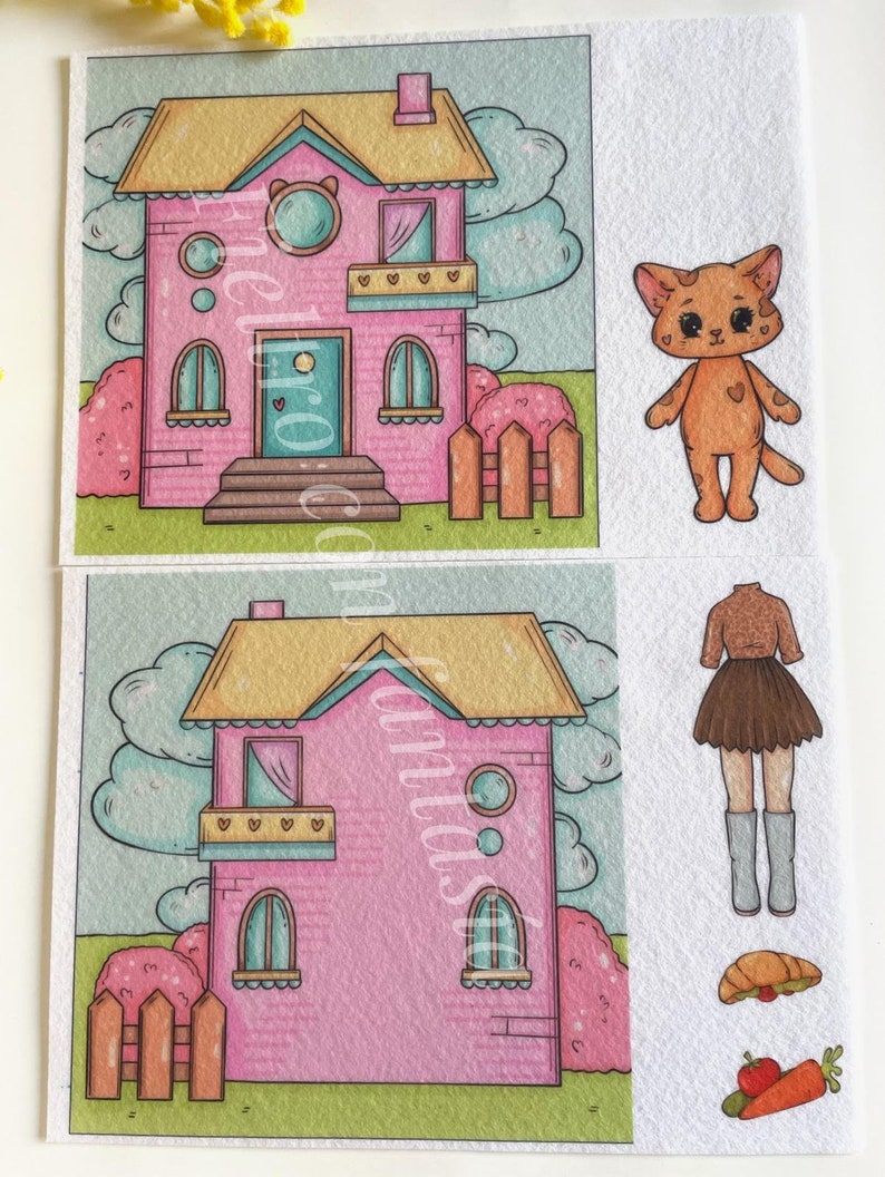 K&ouml;nnte beinhalten: Illustration eines rosa Hauses mit gelbem Dach, einer Katze und Papierpuppenkleidung. Das Haus hat einen herzf&ouml;rmigen Balkon und einen kleinen Zaun. Die Katze ist orange mit einem Herz auf der Brust. Die Kleidung umfasst ein braunes Oberteil, einen Rock, Stiefel und Essen.