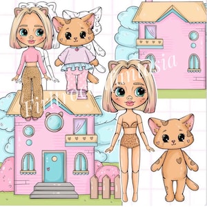 Livro para impressão ocupado para crianças Boneca de papel de atividades com gato e roupas DIY. Casa PaperDoll para impressão, boneca de papel para impressão, artesanato em livro silencioso