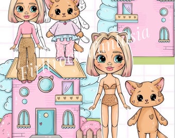 Busy Printable Book for Kids Activity Paper doll with cat and DIY clothes. Home PaperDoll Printable, Printable Paper Doll Silent Book Crafts