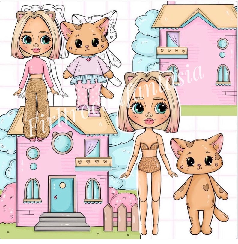 K&ouml;nnte beinhalten: Digitale Illustration eines rosa Hauses mit einem katzenf&ouml;rmigen Fenster und einem passenden Zaun. Das Bild enth&auml;lt Papierpuppen eines M&auml;dchens und einer Katze, beide mit Katzenohren und tragen Outfits mit Leopardenmuster und rosa Akzenten.