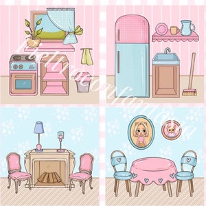 K&ouml;nnte beinhalten: Eine Sammlung illustrierter Puppenhausm&ouml;bel und -zubeh&ouml;r in Pastellfarben. Das Set umfasst eine K&uuml;che mit Herd, K&uuml;hlschrank und Sp&uuml;le, ein Wohnzimmer mit Kamin und St&uuml;hlen sowie ein Esszimmer mit Tisch und St&uuml;hlen.