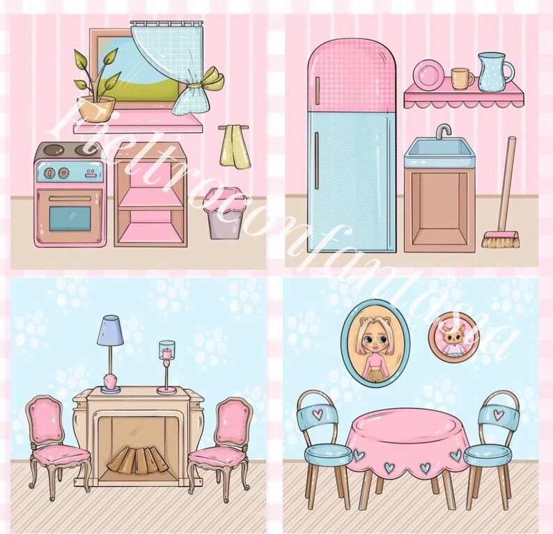 K&ouml;nnte beinhalten: Eine Sammlung illustrierter Puppenhausm&ouml;bel und -zubeh&ouml;r in Pastellfarben. Das Set umfasst eine K&uuml;che mit Herd, K&uuml;hlschrank und Sp&uuml;le, ein Wohnzimmer mit Kamin und St&uuml;hlen sowie ein Esszimmer mit Tisch und St&uuml;hlen.