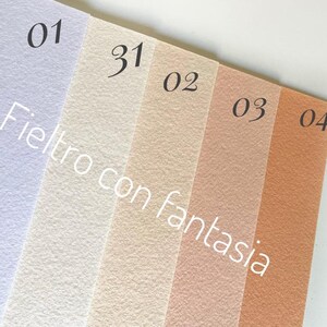 May include: Four samples of felt fabric in different colors: light purple, white, light beige, and light brown. The samples are labeled with numbers 01, 31, 02, 03, and 04. The text "Feltro con fantasia" is written on the samples.