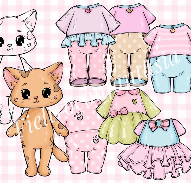 K&ouml;nnte beinhalten: Illustration von Puppenkleidung und Cartoon-Katzenfiguren. Die Outfits umfassen rosa Pijama mit Punkten, ein blaues und rosa Kleid mit einer Schleife und ein gr&uuml;nes und rosa Kleid. Die Katzen sind im Cartoon-Stil gezeichnet.