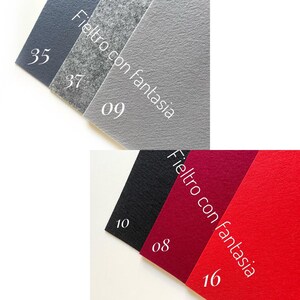 May include: A close-up of felt fabric samples in various colors, including gray, black, burgundy, and red. The samples are labeled with numbers and the text "Feltro con Fantasia".