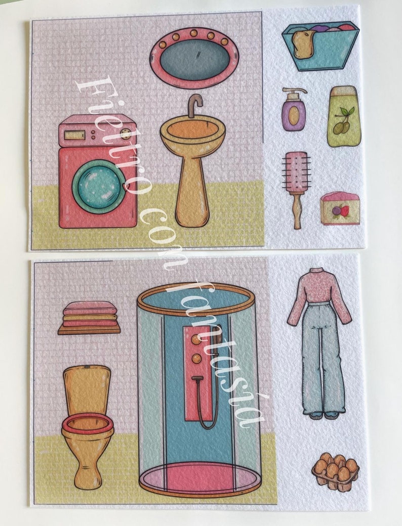 K&ouml;nnte beinhalten: Illustriertes Badezimmer- und Bekleidungsset. Enth&auml;lt eine Waschmaschine, ein Waschbecken, einen Spiegel, eine Dusche, eine Toilette, Kleidung und Toilettenartikel. Die Farbpalette umfasst Rosa-, Gelb-, Blau- und Braunt&ouml;ne.
