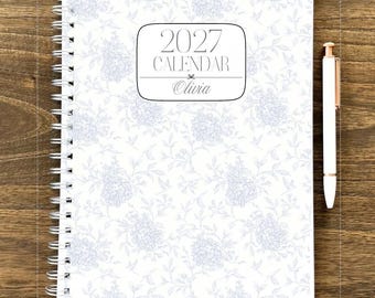 July 2026 - December 2027 Planner 18 Month 8.5x11" Custom Planner Personalized Planner Large Spiral Calendar Vintage Blue Floral