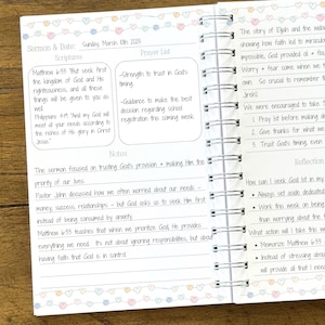 May include: A page from a journal with a pink, blue, and yellow heart border. The page is divided into sections for sermon notes, prayer requests, and reflection. The text includes scripture verses, sermon topics, and reflection questions.