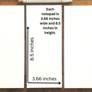 May include: Three white notepads are displayed, with the center one showing dimensions. Each notepad is 3.66 inches wide and 8.5 inches in height. A pen is visible at the top.
