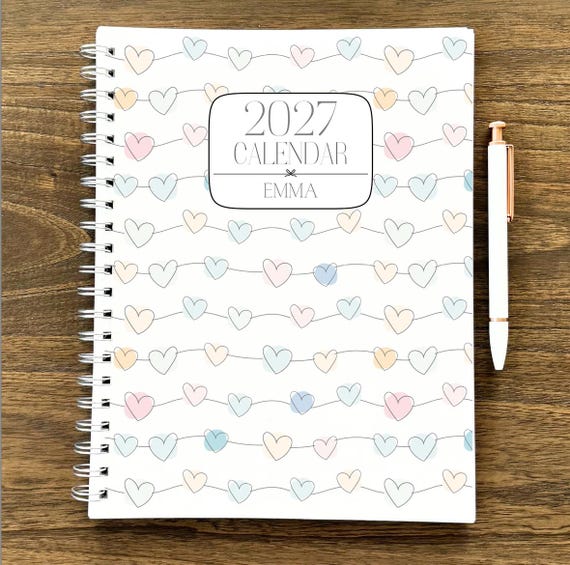 July 2026 - Dec 2027 Planner 18 Month Personalized Planner | 2027 Monthly Planner | Large Spiral Planner | Custom Name | Pastel Hearts