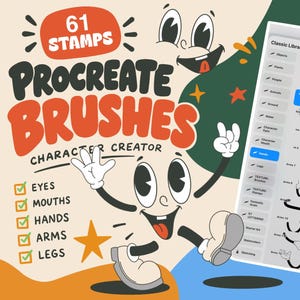 May include: A digital asset pack featuring 61 Procreate stamps for a character creator. The graphic displays the text 61 STAMPS PROCREATE BRUSHES CHARACTER CREATOR, along with lists for eyes, mouths, hands, arms, and legs, plus two interface menus.