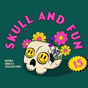 Têtes de mort Clipart PNG SVG en téléchargement numérique pour usage commercial, smiley rétro, illustration des années 70, 80, 90, an 2000, fleurs groovy, champignons, personnage