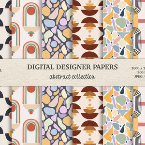 May include: A collection of six digital designer papers featuring abstract patterns in various colours including yellow, orange, blue, and pink. A central banner displays the text DIGITAL DESIGNER PAPERS abstract collection 3000 x 3000 px 300 DPI JPEG / PNG.