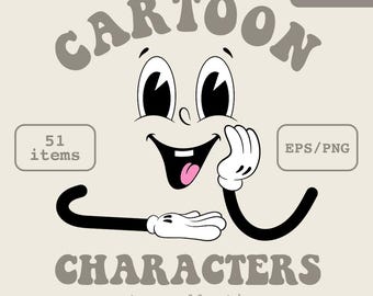 Clipart de personajes de dibujos animados retro, caras sonrientes de los años 60 (SVG/PNG)