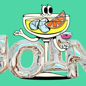 May include: A cartoon illustration of a cocktail glass with ice cubes and a slice of orange, holding a small glass of pink liquid and standing in front of the word "JOIN" in silver foil balloons.
