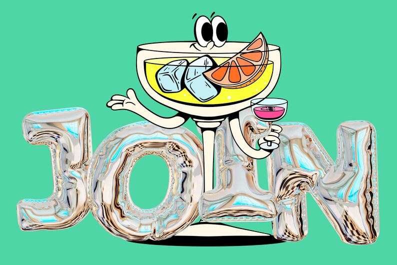 May include: A cartoon illustration of a cocktail glass with ice cubes and a slice of orange, holding a small glass of pink liquid and standing in front of the word "JOIN" in silver foil balloons.