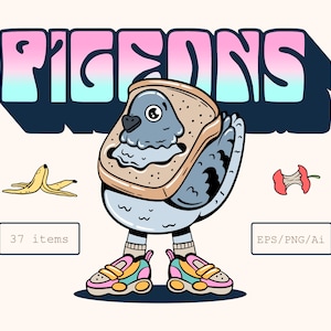 Pigeon Retro Cartoon Character Design Digital Download, Bird Picture Illustration, SVG, PNG, EPS, Vector Smiley Face Clipart, Girly, Pink