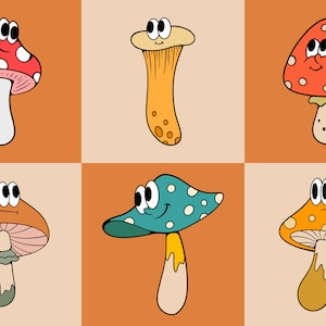 May include: Six cartoon mushrooms with different colored caps and stems. The mushrooms have googly eyes and smiling faces. The mushrooms are on a brown and beige background.