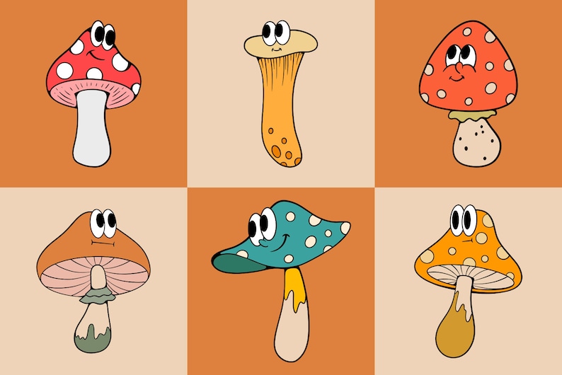 May include: Six cartoon mushrooms with different colored caps and stems. The mushrooms have googly eyes and smiling faces. The mushrooms are on a brown and beige background.
