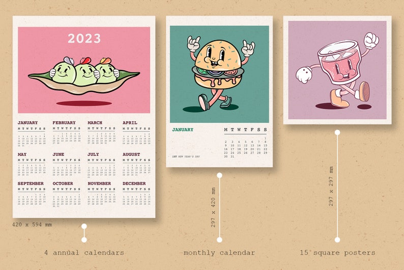 Retro Character Calendar 2023 Cartoon Digital Download 2023 Etsy Ireland