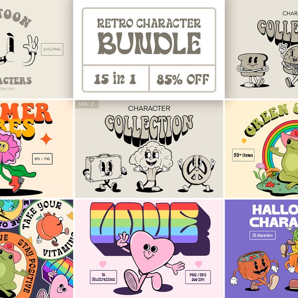 Retro SVG Bundle Cartoon Characters, Cottage Core PNG Clipart Digital Download, 70's Groovy Clipart, Rainbow, Burger, IceCreame, Smiley Face