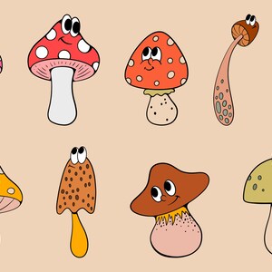 May include: Nine cartoon mushrooms with different colors, patterns, and facial expressions. The mushrooms have white, red, orange, brown, and green caps. Some mushrooms have white spots, while others have brown spots. The mushrooms have smiling faces with big eyes.